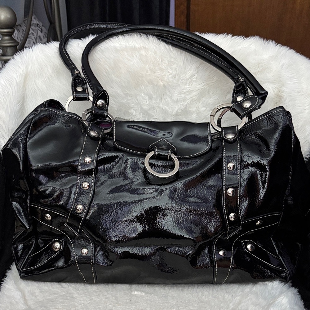 Genuine Black Patent Leather Ring-Accent Women's Shoulder Bag